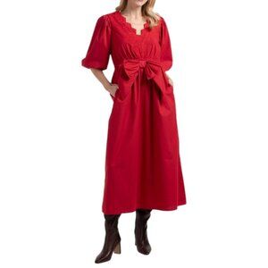 LEA Salsa Red Puff Sleeve Embroidered Bow Dress